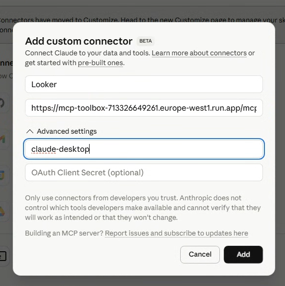 Custom Connector Advanced Settings