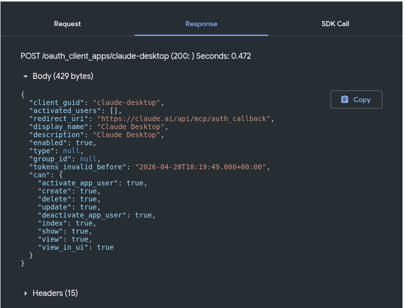 Register oauth app response